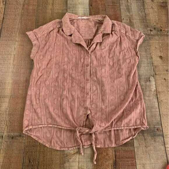 Jane & delancey womens blush pink short sleeve cuffed button up with front tie - Picture 1 of 8